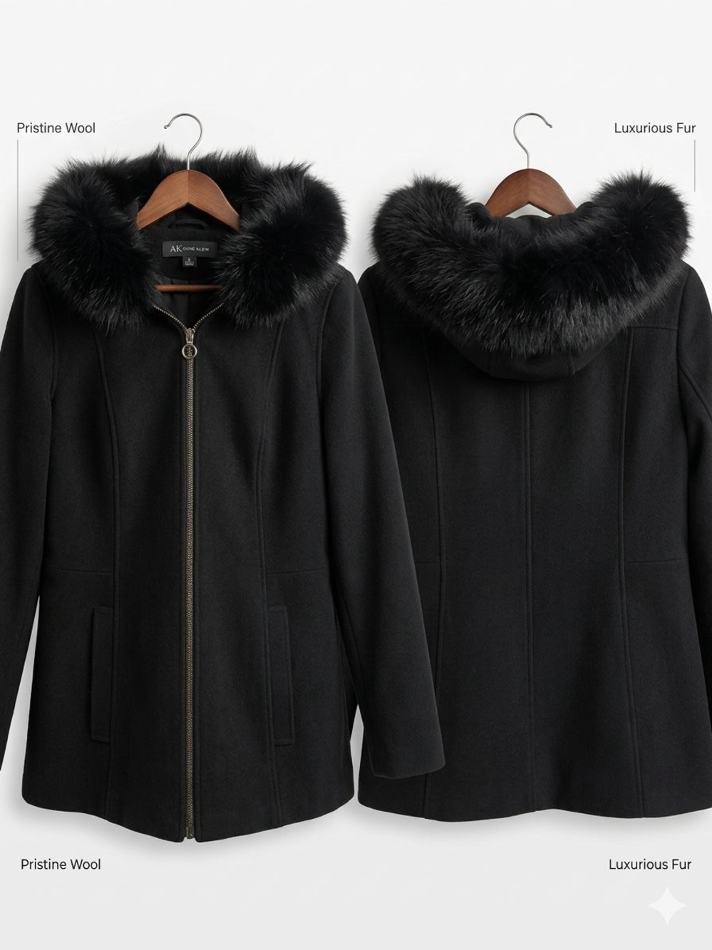 Anne Klein Black Hooded Wool-Blend Coat with Faux Fur Trim
